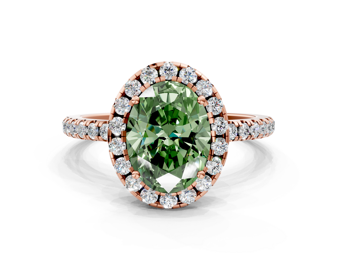 Rose gold Fancy Green Oval  Halo Round Diamond Pavé Band Four-Prong Ring_3