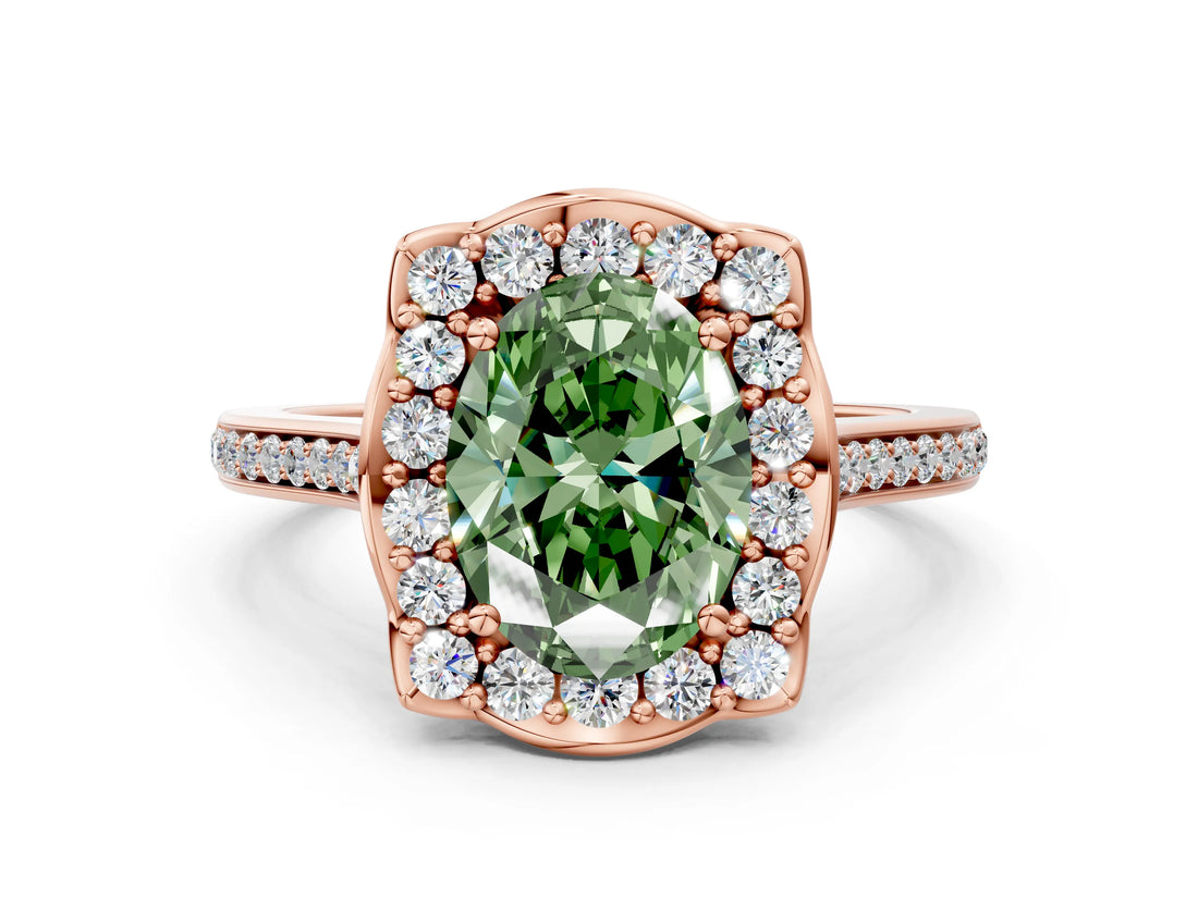Rose gold Fancy Green Oval  Halo Round Diamond Pave Band with Four-Prong Setting_38