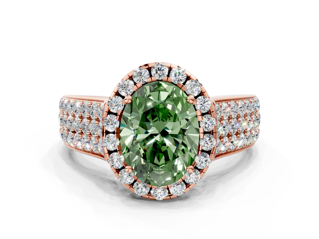 Rose gold Fancy Green Oval  Halo Round Diamond Pave Band with Prong Setting