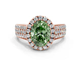 Rose gold Fancy Green Oval  Halo Round Diamond Pave Band with Prong Setting