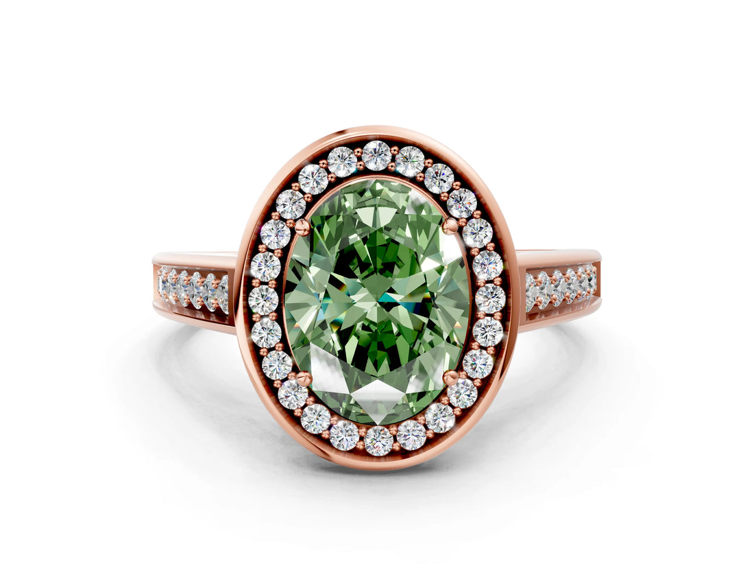 Rose gold Fancy Green Oval  Halo Solitaire Diamond Ring with Pave Band and Bezel Setting_49