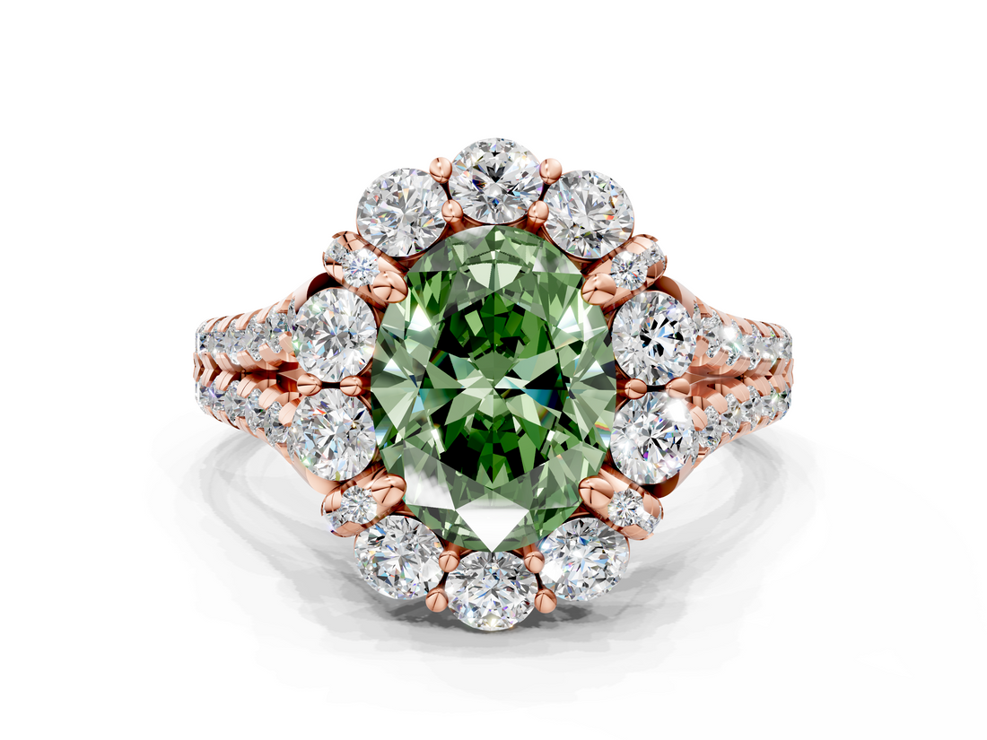 Rose gold Fancy Green Oval  Halo Split Shank Diamond Engagement Ring with Pave Band and Four-Prong Setting_54