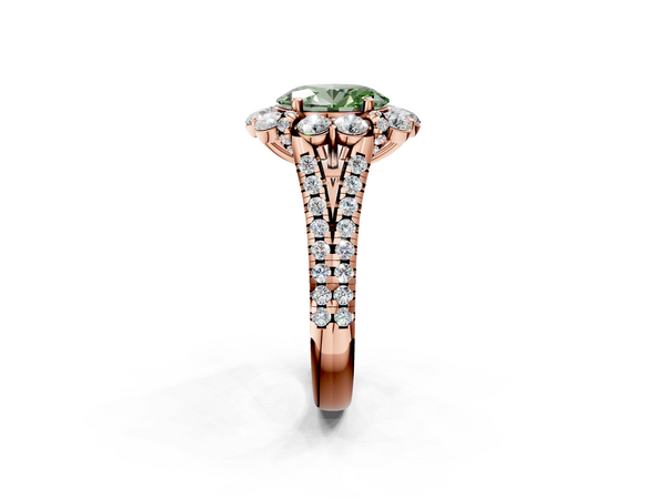 Rose gold Fancy Green Oval  Halo Split Shank Diamond Engagement Ring with Pave Band and Four-Prong Setting
