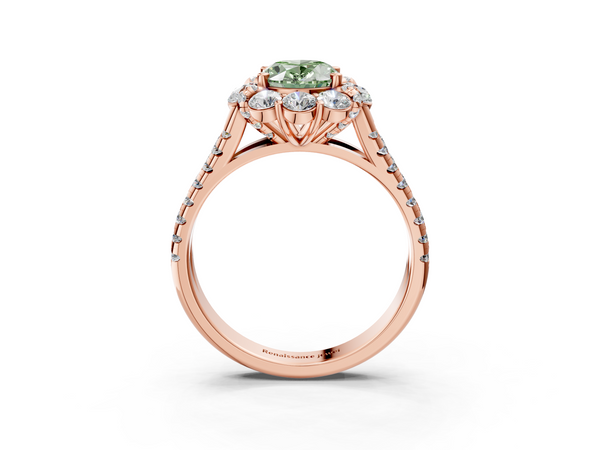 Rose gold Fancy Green Oval  Halo Split Shank Diamond Engagement Ring with Pave Band and Four-Prong Setting