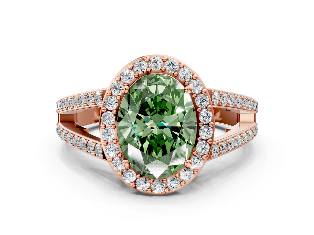 Rose gold Fancy Green Oval  Halo Split Shank Diamond Ring with Four-Prong Setting_31