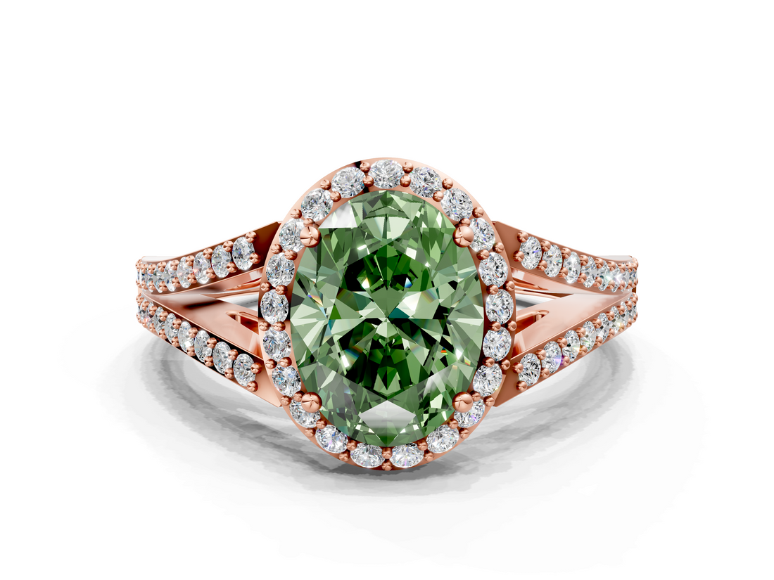 Rose gold Fancy Green Oval  Halo Split Shank Diamond Ring with Prong Setting_19