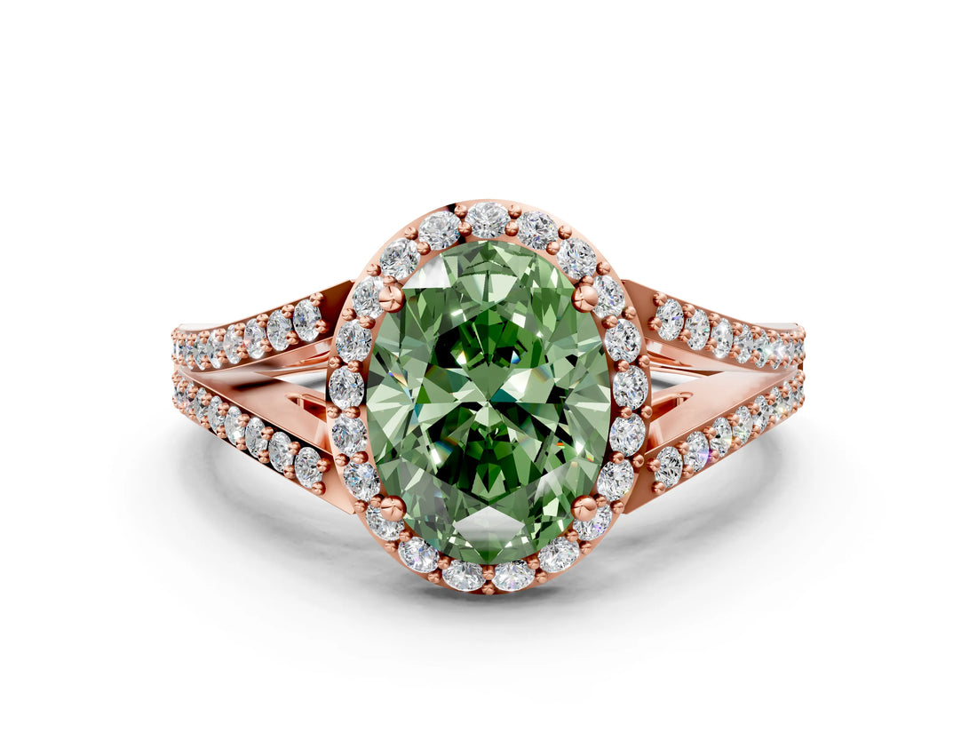Rose gold Fancy Green Oval  Halo Split Shank Pave Diamond Ring with Four-Prong Setting_47