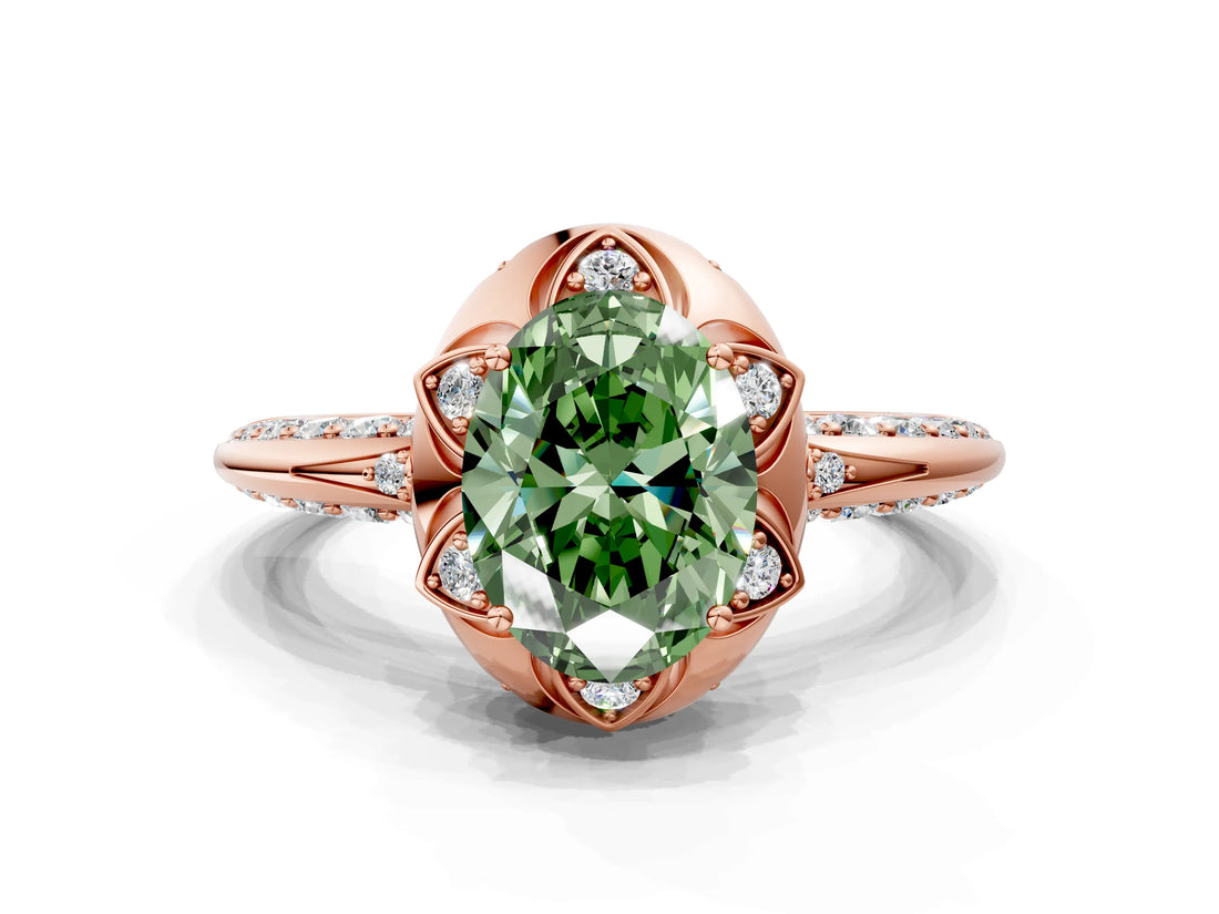 Rose gold Fancy Green Oval  Halo Split Shank Pave Diamond Ring with Petal Prong Setting_20