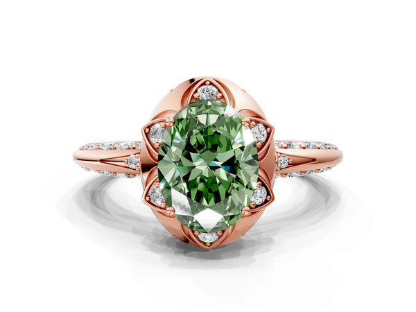 Rose gold Fancy Green Oval  Halo Split Shank Pave Diamond Ring with Petal Prong Setting