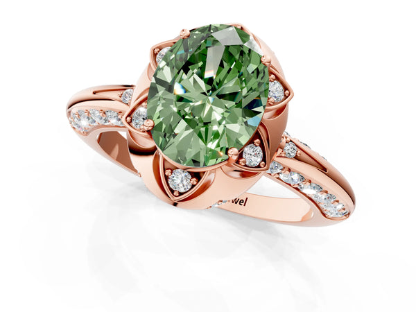 Rose gold Fancy Green Oval  Halo Split Shank Pave Diamond Ring with Petal Prong Setting
