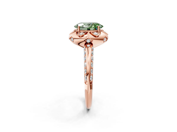 Rose gold Fancy Green Oval  Halo Split Shank Pave Diamond Ring with Petal Prong Setting