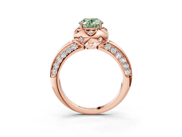 Rose gold Fancy Green Oval  Halo Split Shank Pave Diamond Ring with Petal Prong Setting