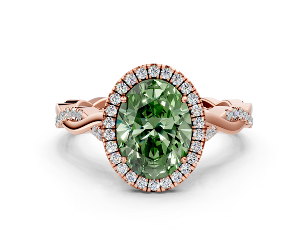 Rose gold Fancy Green Oval  Halo Twist Band Solitaire Ring