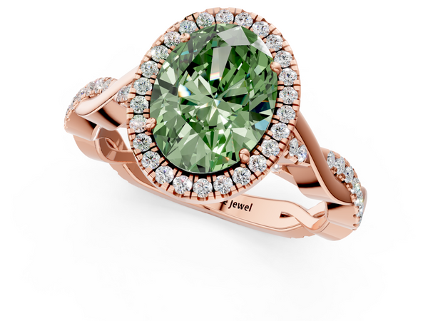 Rose gold Fancy Green Oval  Halo Twist Band Solitaire Ring