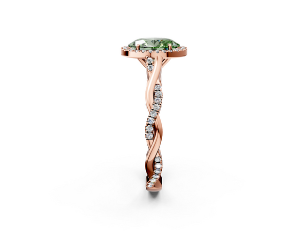 Rose gold Fancy Green Oval  Halo Twist Band Solitaire Ring