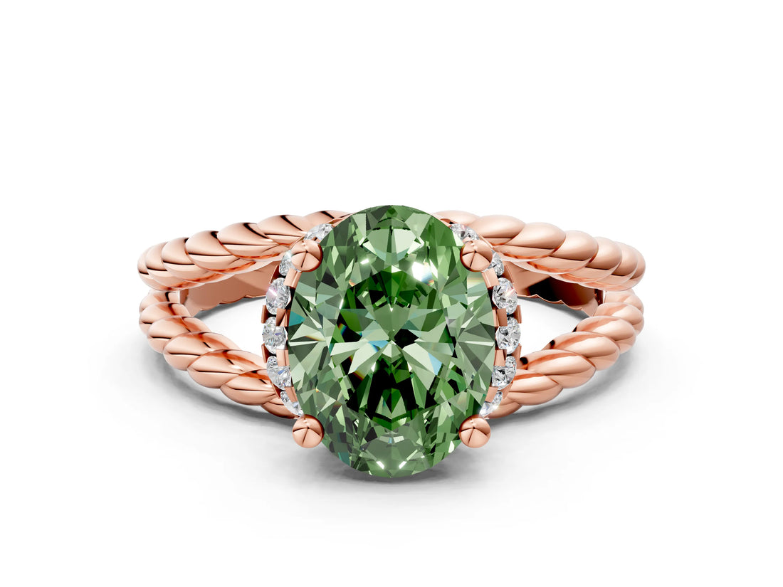 Rose gold Fancy Green Oval  Halo Twisted Band Four-Prong Ring_56
