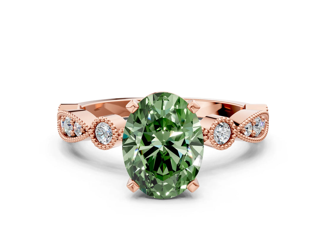 Rose gold Fancy Green Oval  Milgrain Bezel Diamond Engagement Ring with Solitaire Prong Setting_166