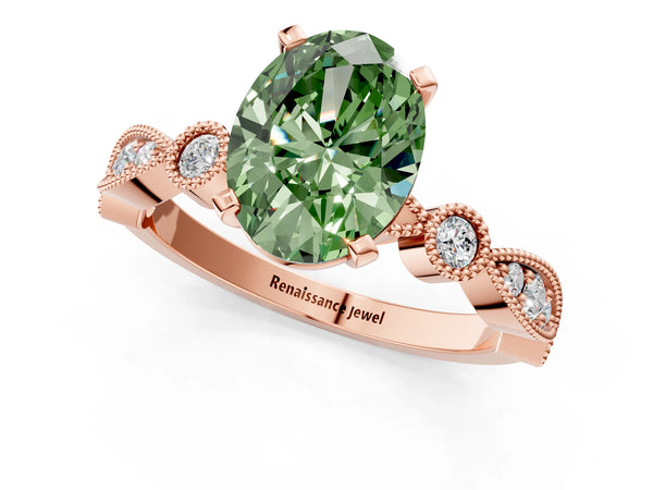 Rose gold Fancy Green Oval  Milgrain Bezel Diamond Engagement Ring with Solitaire Prong Setting
