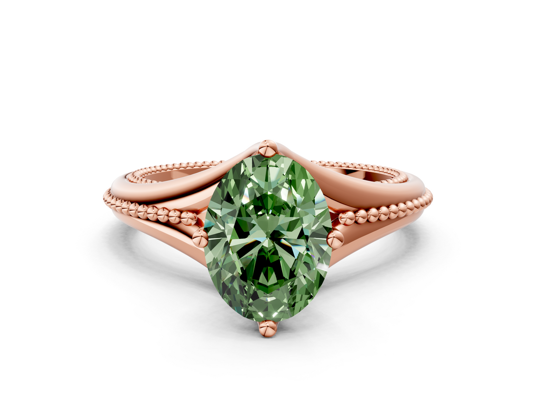 Rose gold Fancy Green Oval  Solitaire Beaded Band Six-Prong Setting