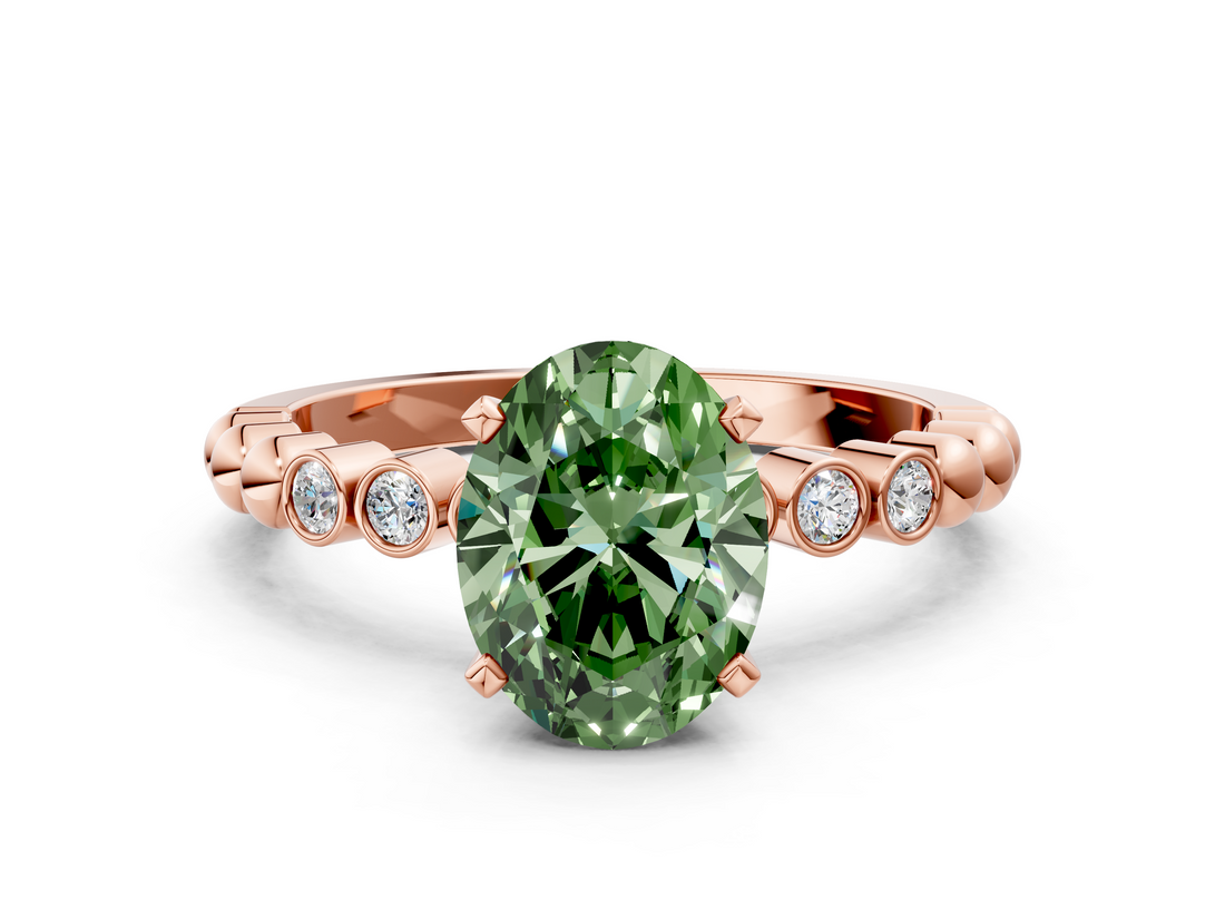 Rose gold Fancy Green Oval  Solitaire Bezel Accent Diamond Engagement Ring with Beaded Band and Four-Prong Setting_41