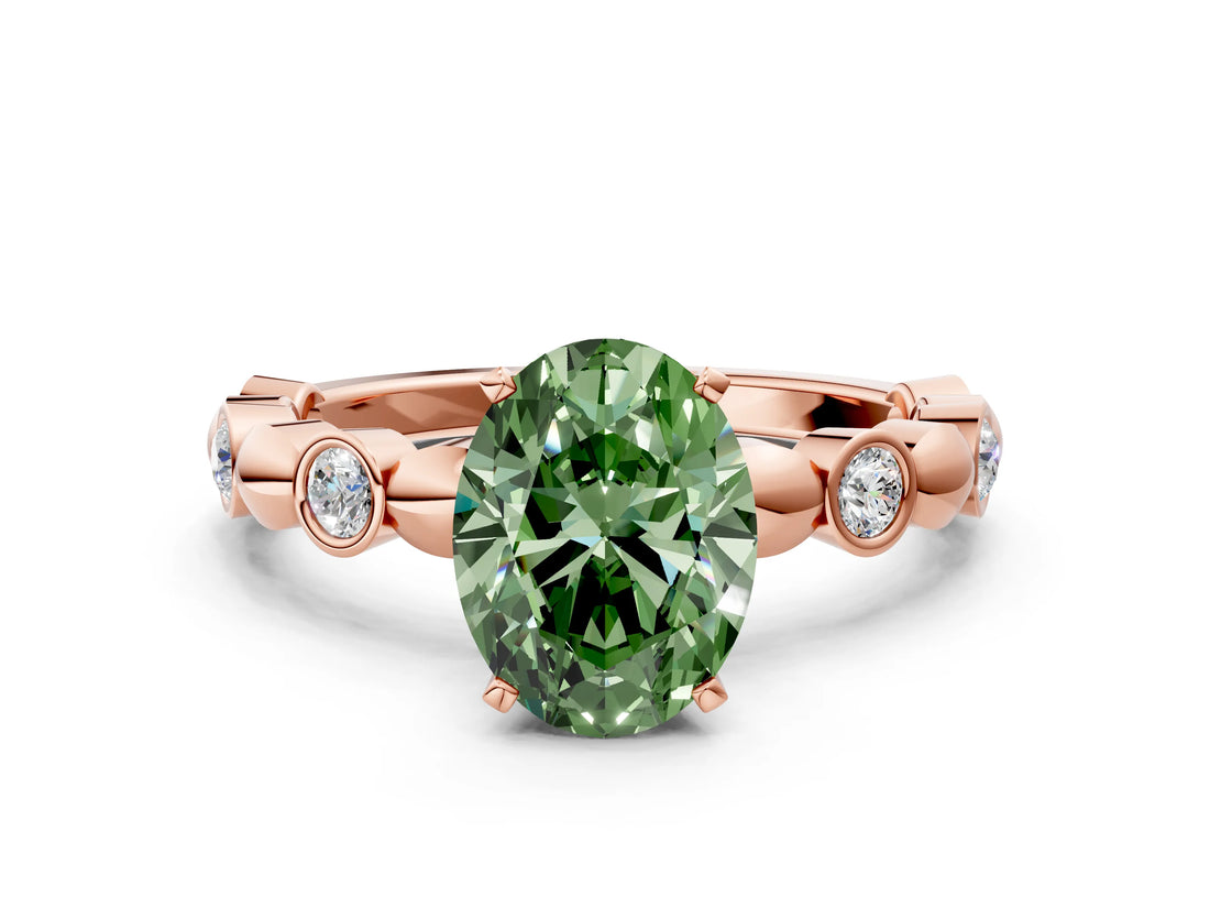 Rose gold Fancy Green Oval  Solitaire Bezel-Set Diamond Ring with Beaded Band and Four-Prong Setting_32