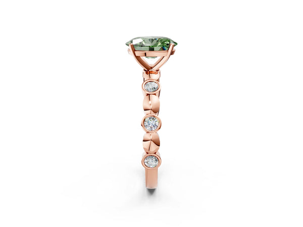 Rose Gold Oval Engagement Ring Setting for Fancy Green Center with Bezel Station Beaded Band