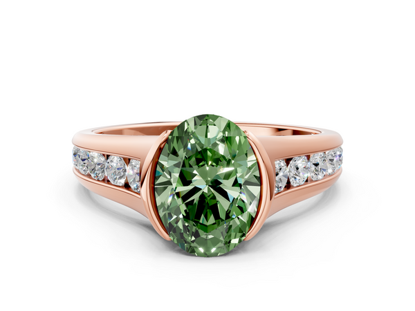Rose gold Fancy Green Oval  Solitaire Bezel-Set Diamond Ring with Channel-Set Band