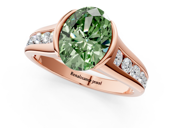 Rose gold Fancy Green Oval  Solitaire Bezel-Set Diamond Ring with Channel-Set Band