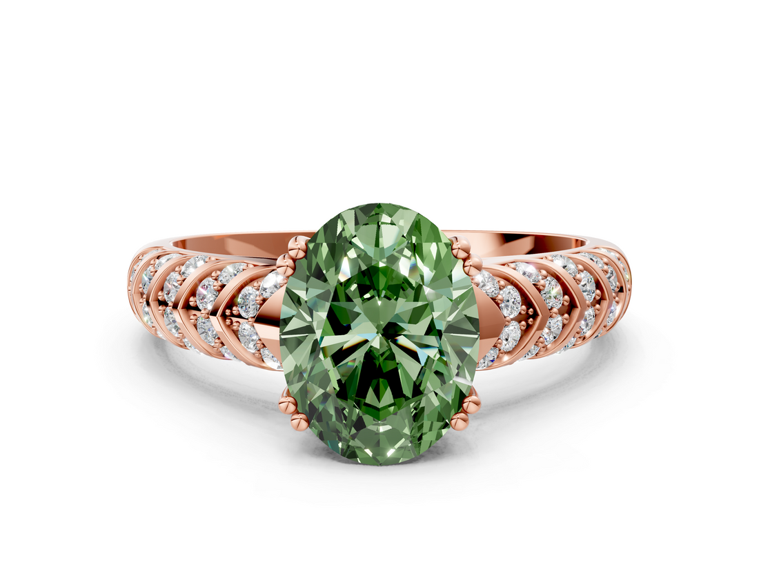 Rose gold Fancy Green Oval  Solitaire Chevron Pave Diamond Engagement Ring with Six-Prong Setting_3