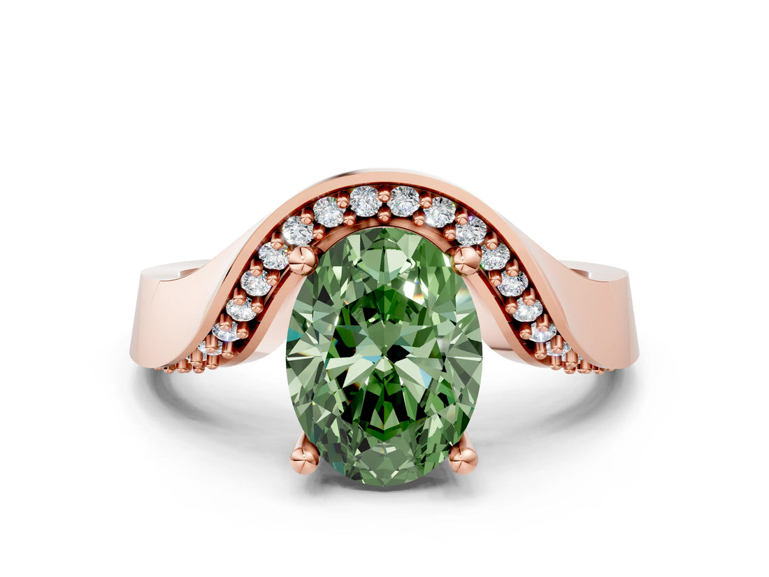 Rose gold Fancy Green Oval  Solitaire Diamond Engagement Ring with Pave Band and Four-Prong Setting 1