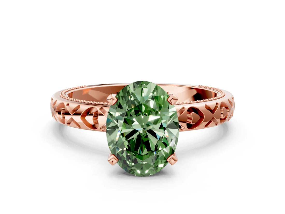 Rose gold Fancy Green Oval  Solitaire Diamond Engagement Ring with XO Engraved Band and Four-Prong Setting