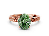 Rose gold Fancy Green Oval  Solitaire Diamond Engagement Ring with XO Engraved Band and Four-Prong Setting