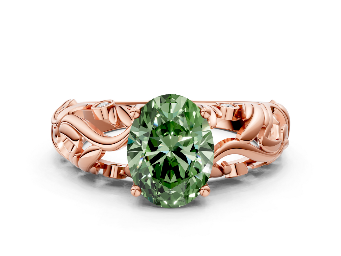Rose gold Fancy Green Oval  Solitaire Diamond Leaf Vine Band with Prong Setting_28