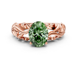 Rose gold Fancy Green Oval  Solitaire Diamond Leaf Vine Band with Prong Setting_28