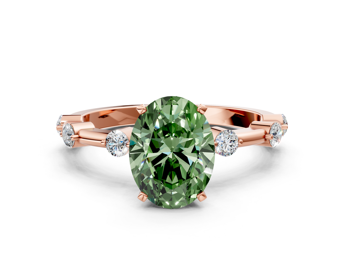 Rose gold Fancy Green Oval  Solitaire Diamond Ring with Bezel Set Side Stones and Prong Setting_3