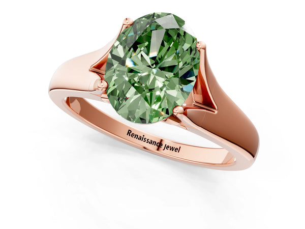 Rose gold Fancy Green Oval  Solitaire Diamond Ring with Cathedral Band and Four-Prong Setting