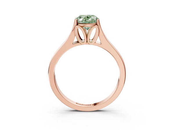 Rose gold Fancy Green Oval  Solitaire Diamond Ring with Cathedral Band and Four-Prong Setting