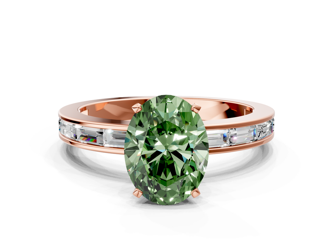 Rose gold Fancy Green Oval  Solitaire Diamond Ring with Channel-Set Baguette Band and Four-Prong Setting_85