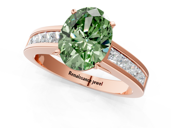 Rose gold Fancy Green Oval  Solitaire Diamond Ring with Channel-Set Band and Four-Prong Setting