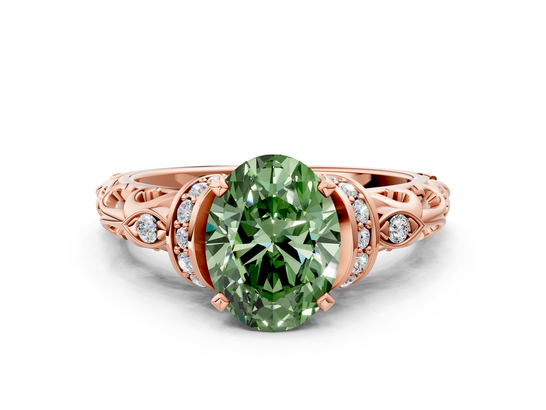 Rose gold Fancy Green Oval  Solitaire Diamond Ring with Filigree Band and Four-Prong Setting_62