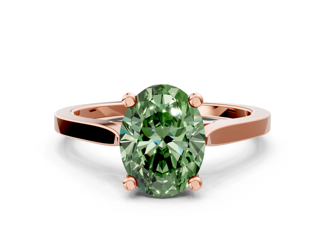 Rose gold Fancy Green Oval  Solitaire Diamond Ring with Four-Prong Setting and Tapered Band