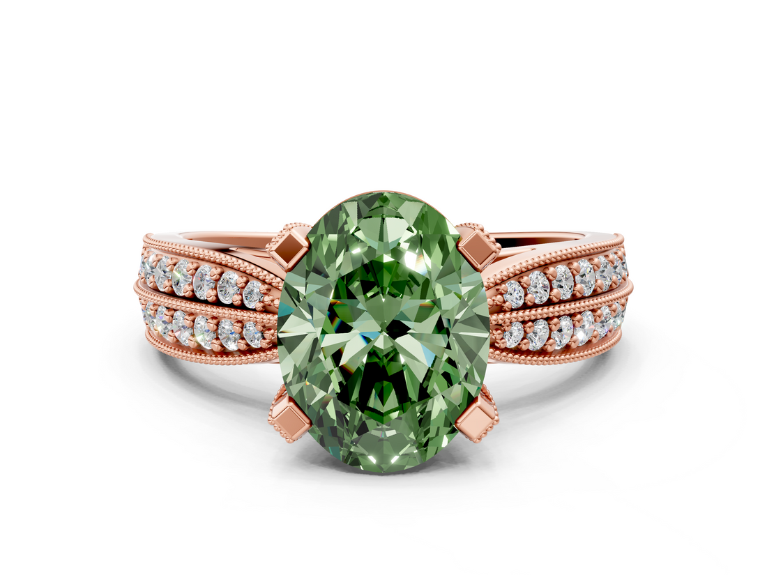 Rose gold Fancy Green Oval  Solitaire Diamond Ring with Milgrain Pavé Band and Four-Prong Setting_20