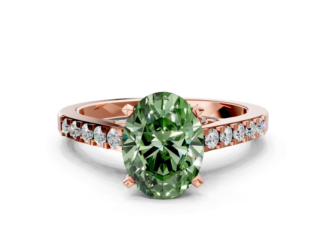 Rose gold Fancy Green Oval  Solitaire Diamond Ring with Pavé Band and Four-Prong Setting_104