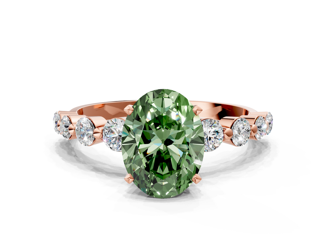 Rose gold Fancy Green Oval  Solitaire Diamond Ring with Pave Band and Four-Prong Setting_254