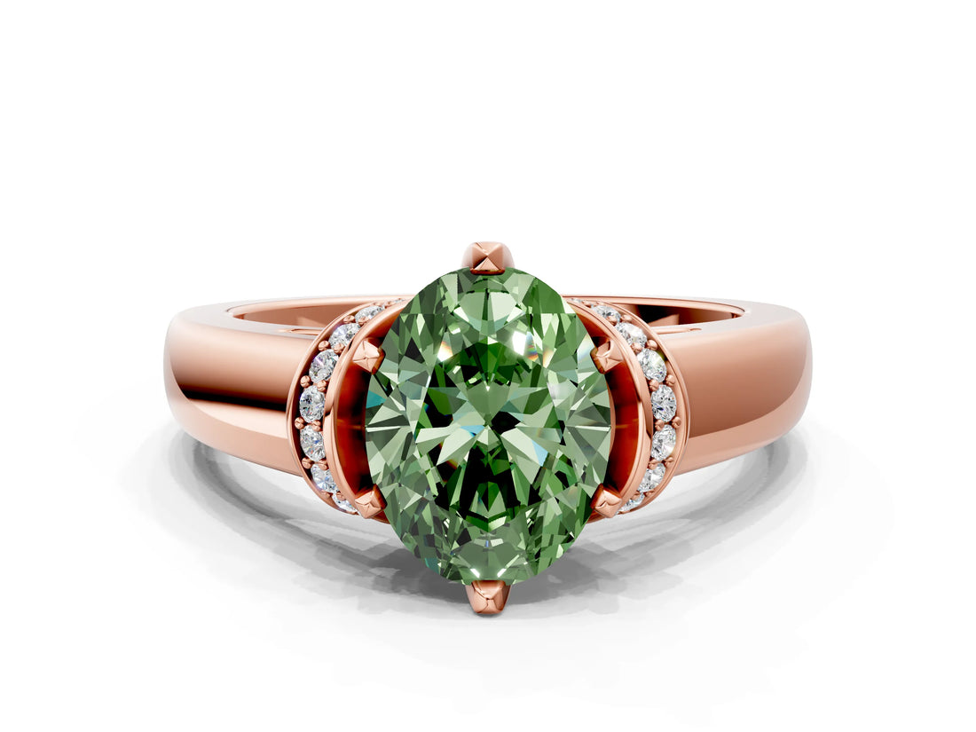 Rose gold Fancy Green Oval  Solitaire Diamond Ring with Pave Band and Six-Prong Setting_32