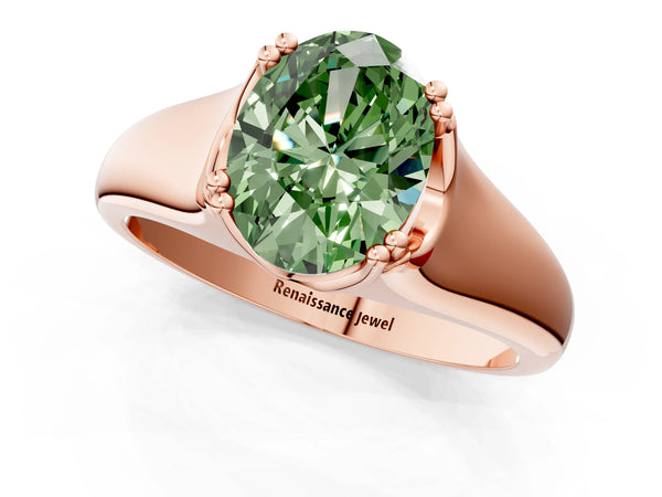 Rose gold Fancy Green Oval Cut Diamond Solitaire Ring with Wide Band and Prong Setting