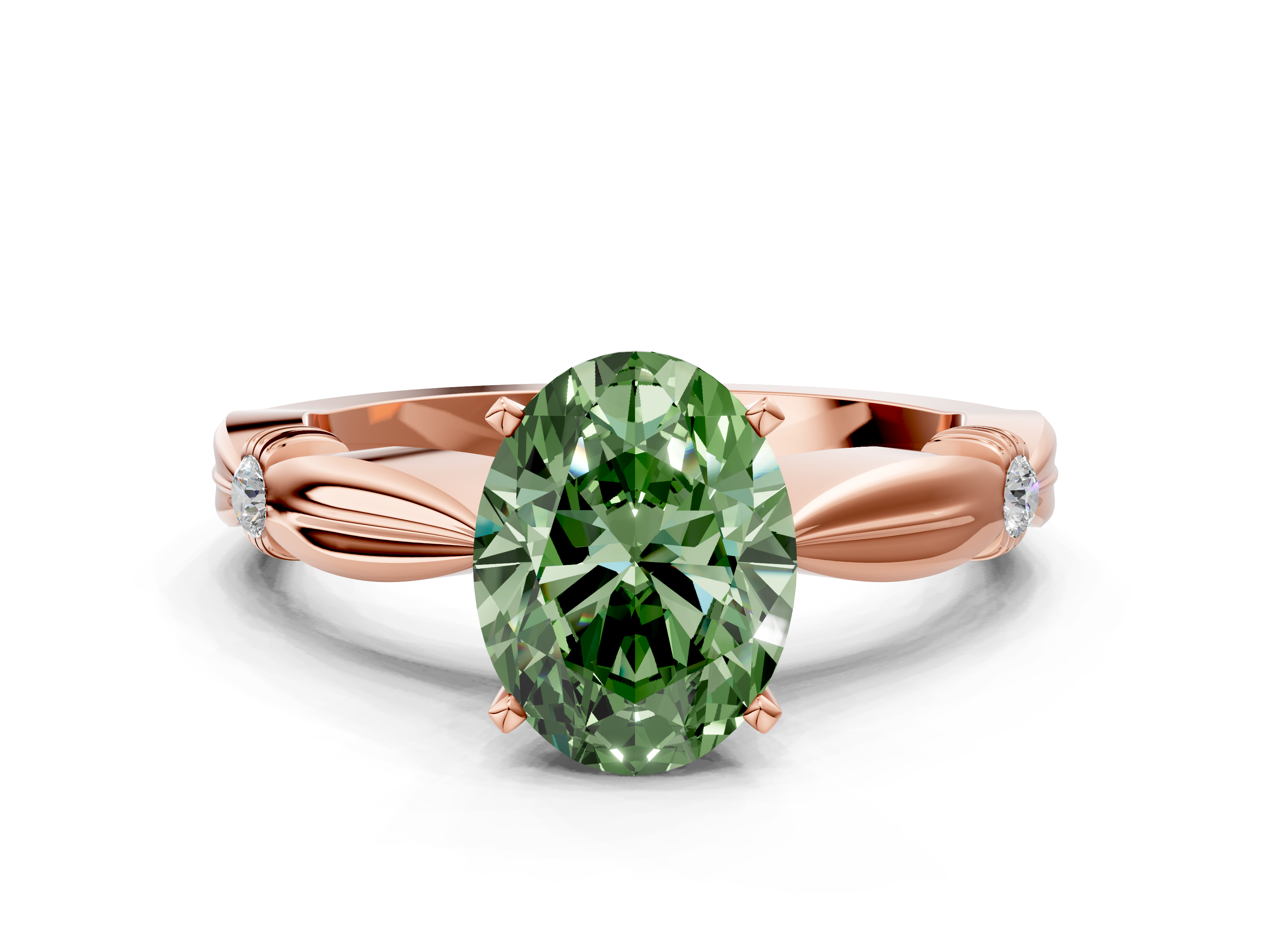 Rose gold Fancy Green Oval Solitaire Diamond Twisted Band with Four-Pr