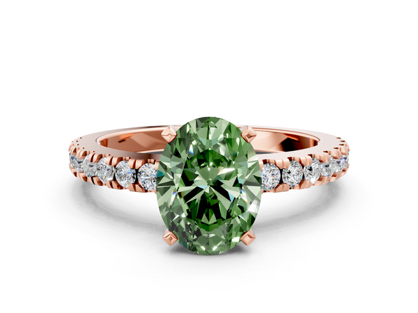 Rose gold Fancy Green Oval Cut Solitaire Diamond with Pavé Band and Four-Prong Setting