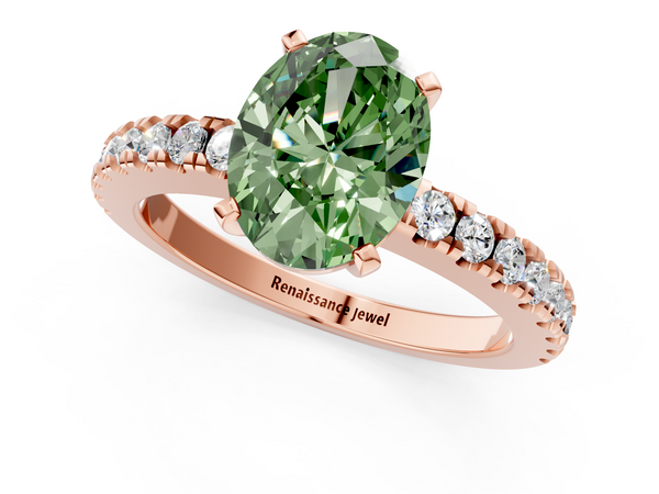 Rose gold Fancy Green Oval Cut Solitaire Diamond with Pavé Band and Four-Prong Setting