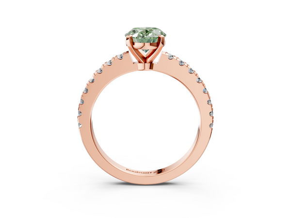 Rose gold Fancy Green Oval Cut Solitaire Diamond with Pavé Band and Four-Prong Setting